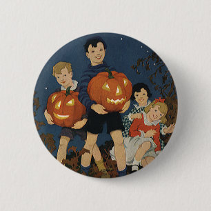 Bóton Redondo 5.08cm Halloween Vintage, Crianças segurando Abóboras