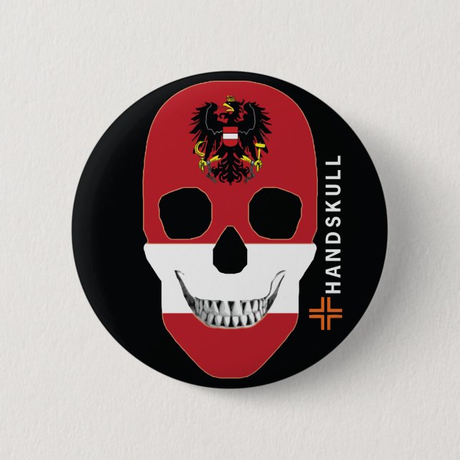 Bóton Redondo 5.08cm HANDSKULL Áustria,Crânio feliz,Bandeira da Áustria (Frente)