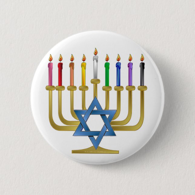 Bóton Redondo 5.08cm Hanukkah Rainbow Candles Dourados Menorah (Frente)