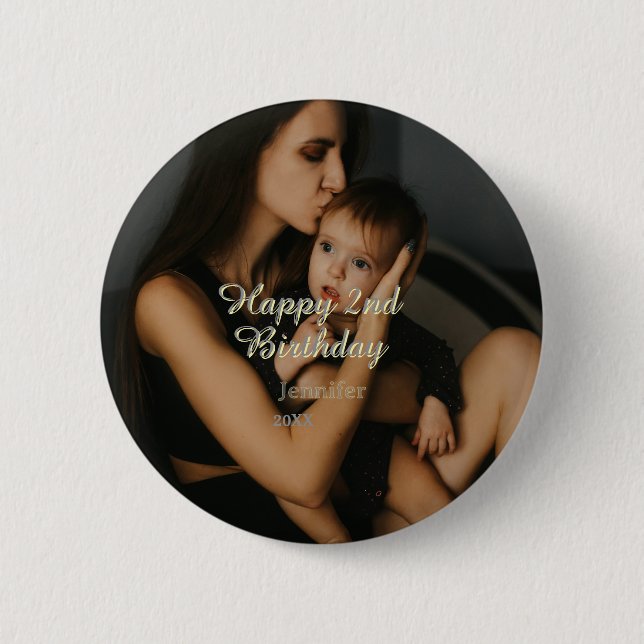 Bóton Redondo 5.08cm Happy 2nd birthday kids baby mother yellow gray na (Frente)