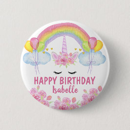 Bóton Redondo 5.08cm Happy Birthday Cute Pink Unicorn Rainbow Floral