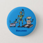 Bóton Redondo 5.08cm Happy cute robots trio cartoon<br><div class="desc">Happy cute robots trio cartoon on blue background. Robots are cool!</div>