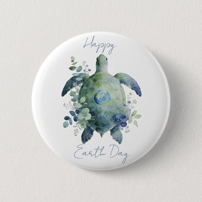 Bóton Redondo 5.08cm Happy Earth Day Turtle Design (Frente)