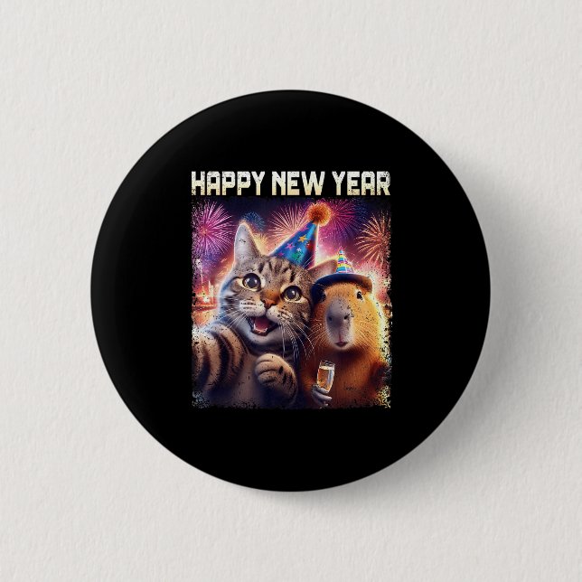 Bóton Redondo 5.08cm Happy New Year 2026 Cute Cat Capybara Party Art  (Frente)