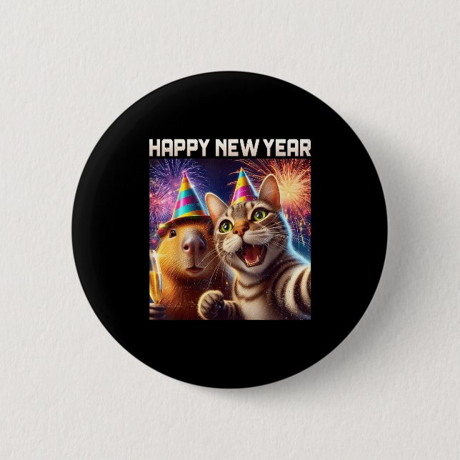 Bóton Redondo 5.08cm Happy New Year 2026 Cute Cat Capybara Party Art  (Frente)