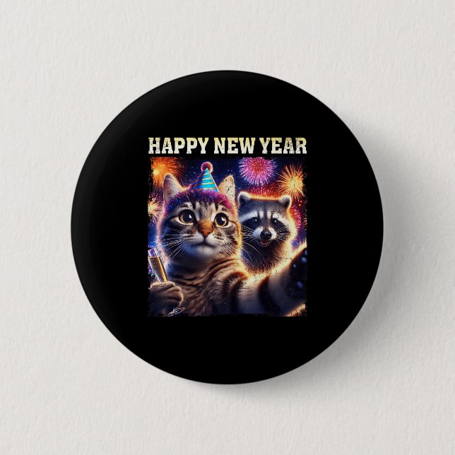 Bóton Redondo 5.08cm Happy New Year 2026 Cute Cat Raccoon Celebration  (Frente)