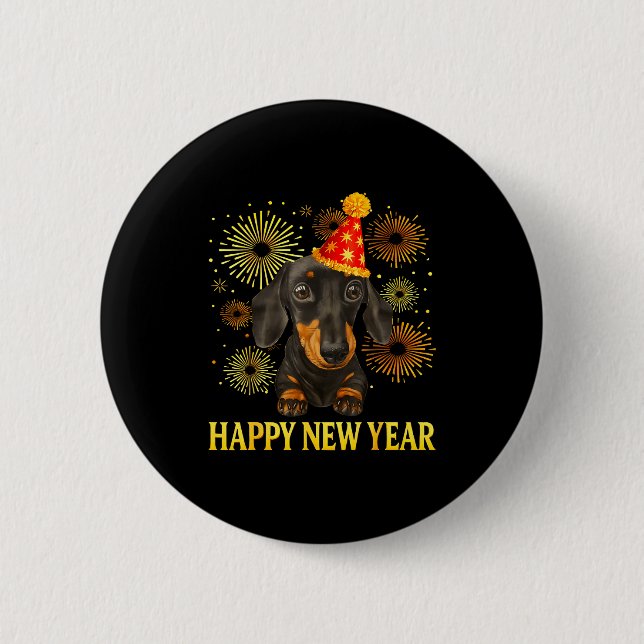 Bóton Redondo 5.08cm Happy New Year 2026 Dachshund Fireworks New Years  (Frente)