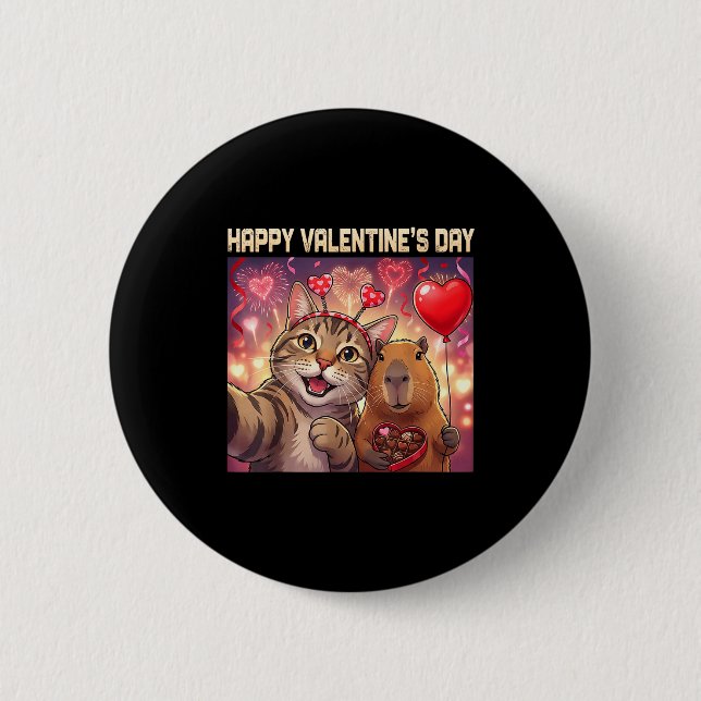 Bóton Redondo 5.08cm Happy Valentines 2026 Cute Cat Capybara Party Art  (Frente)