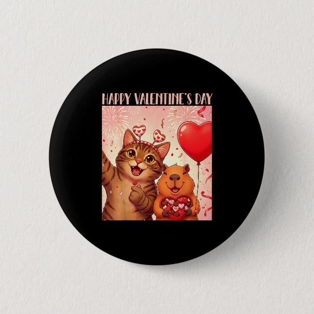 Bóton Redondo 5.08cm Happy Valentines 2026 Cute Cat Capybara Party Art  (Frente)
