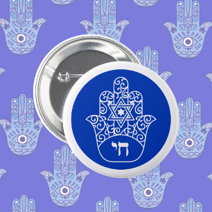 Bóton Redondo 5.08cm Hebraico azul e branco Chai Hamsa