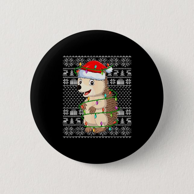 Bóton Redondo 5.08cm Hedgehog Christmas Lights Ugly Sweater Funny Santa (Frente)