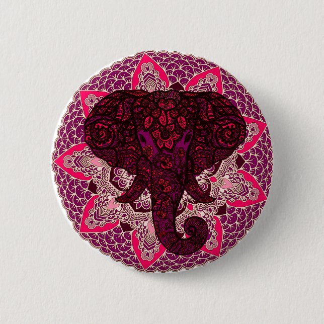 Bóton Redondo 5.08cm Henna Elephant Head Mandala Rosa Mehndi Tattoo (Frente)
