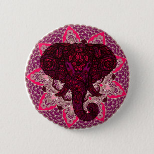 Bóton Redondo 5.08cm Henna Elephant Head Mandala Rosa Mehndi Tattoo