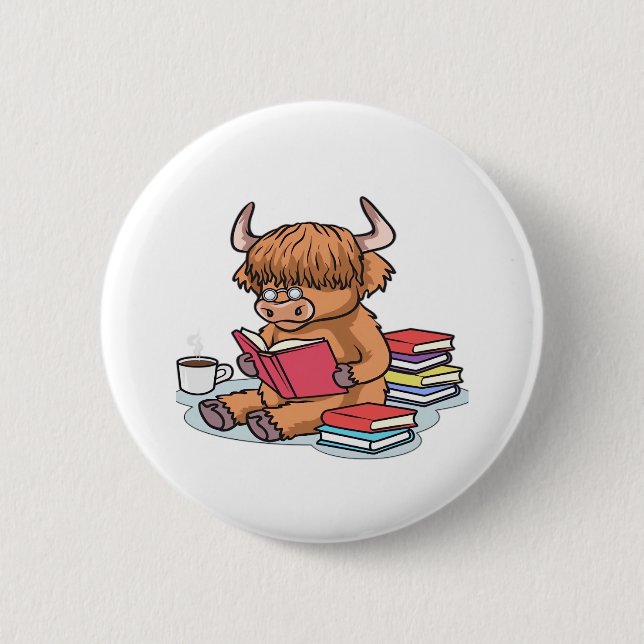 Bóton Redondo 5.08cm Highland Cattle Leia Livros Bebendo Café (Frente)