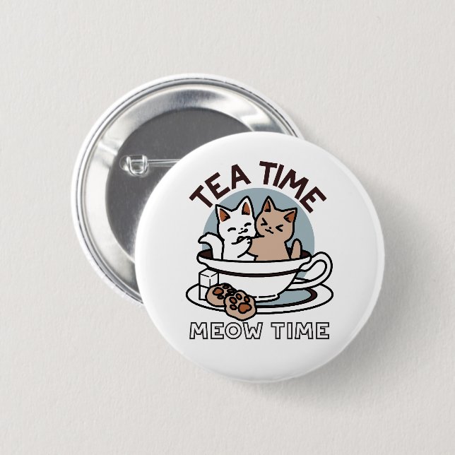 Bóton Redondo 5.08cm Hora do Tea Meow - Design de Gato e Chá (Frente & Verso)