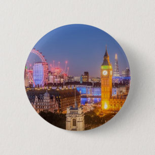 Bóton Redondo 5.08cm Horizonte de Londres Big Ben Cartão Postal Cênico