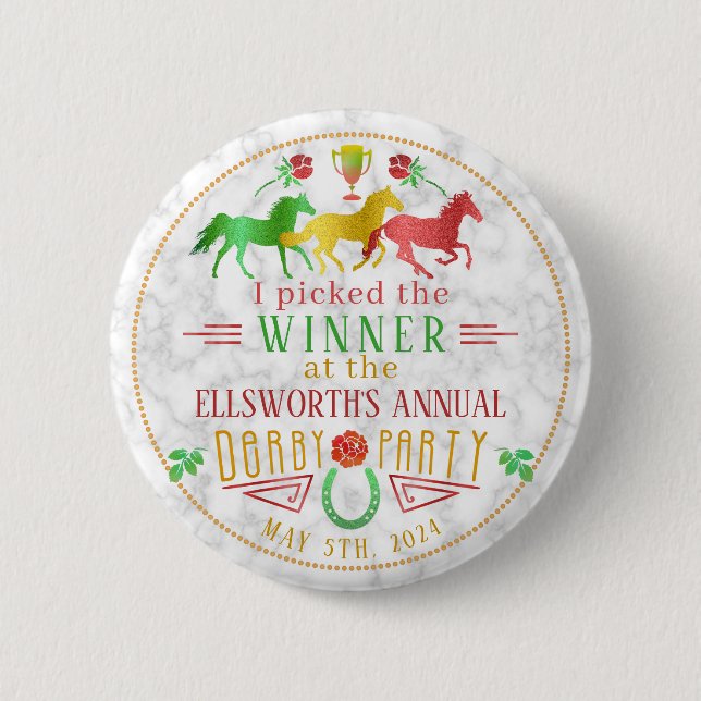 Bóton Redondo 5.08cm Horse Racing Derby Day Party Colorir Prêmio Venced (Frente)