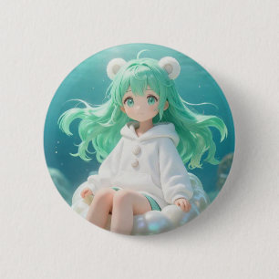 Bóton Redondo 5.08cm Hortelã Aquático: Garota Kawaii com Capuz Branco e