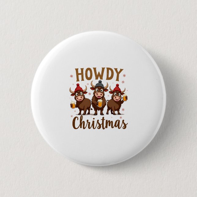Bóton Redondo 5.08cm Howdy Christmas Funny Highland Cow Xmas Cows Lover (Frente)