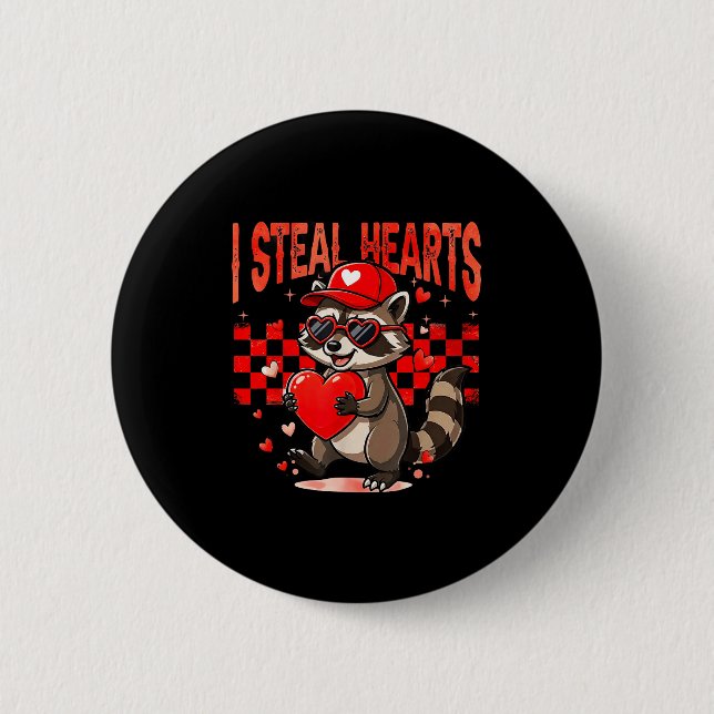 Bóton Redondo 5.08cm I Steal Hearts Design Raccoon Valentine Day Retro  (Frente)
