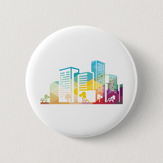 Bóton Redondo 5.08cm ícone do edifício da paisagem urbana da silhueta (Frente)