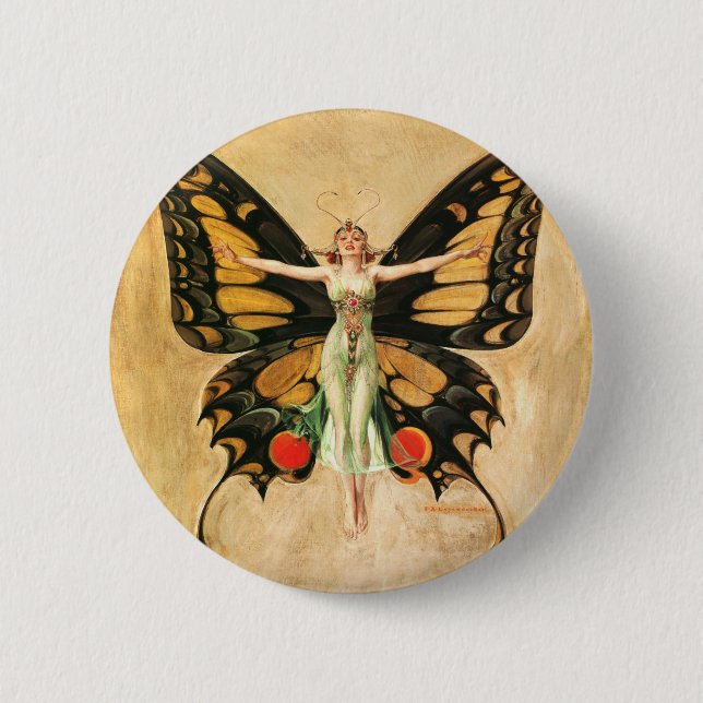 Bóton Redondo 5.08cm Ilustração da Mulher Voando Borboleta Flapper (Frente)