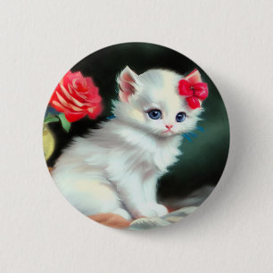 Bóton Redondo 5.08cm Ilustração Vintage White Kitten com Flores Vermelh