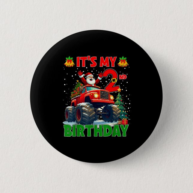 Bóton Redondo 5.08cm It’s My 2nd Birthday Xmas Santa Monster Truck Chri (Frente)