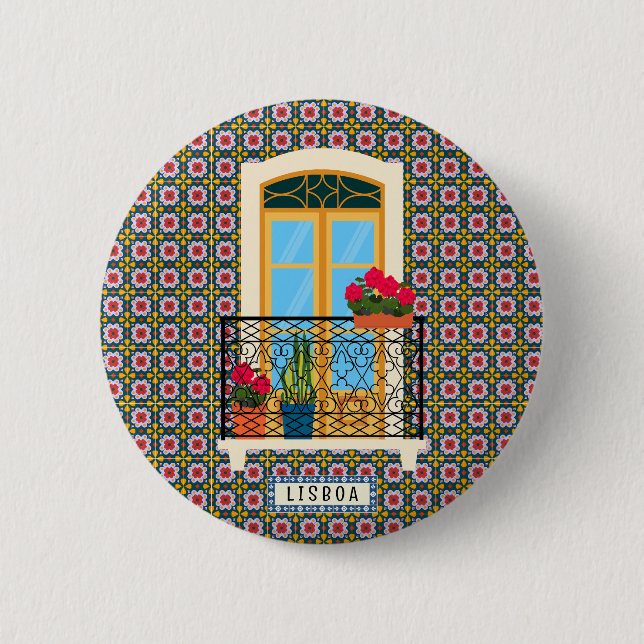 Bóton Redondo 5.08cm Janela da casa de Lisboa com plantas e azulejos (Frente)