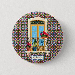 Bóton Redondo 5.08cm Janela da casa de Lisboa com plantas e azulejos