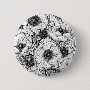 Bóton Redondo 5.08cm Jardim anêmono em preto e branco