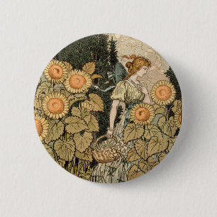 Bóton Redondo 5.08cm Jardim Art Nouveau Girassol Mulher Grasset