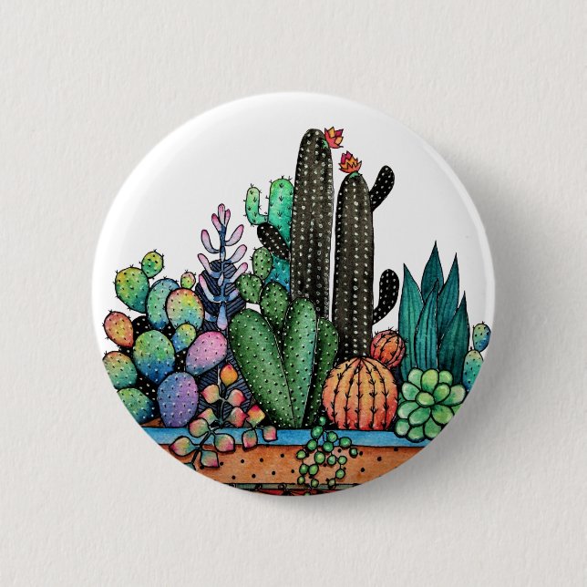 Bóton Redondo 5.08cm Jardim De Cactus Caquetado Em Pote (Frente)