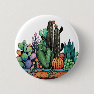 Bóton Redondo 5.08cm Jardim De Cactus Caquetado Em Pote