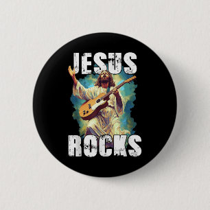 Bóton Redondo 5.08cm Jesus Faz Rock Com Guitarra - Cristão Engraçado Fa