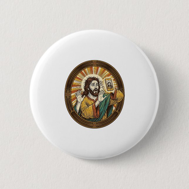 Bóton Redondo 5.08cm Jesus Selfie Acidental com Câmera Frontal e Papada (Frente)