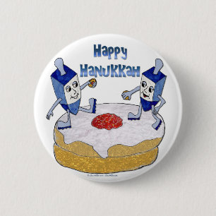Bóton Redondo 5.08cm Judaica Happy Hanukkah Dançando Dreidels Doughnut