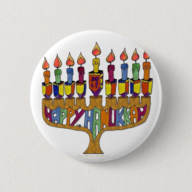 Bóton Redondo 5.08cm Judaica Happy Hanukkah Dreidel Menorah (Frente)