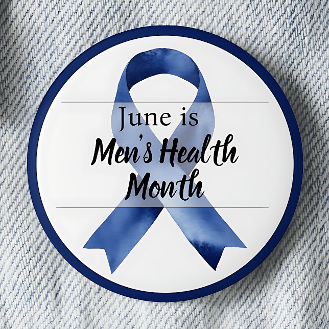 Bóton Redondo 5.08cm Junho Mês da Saúde Masculina (Blue Awareness Ribbon June is Men's Health Month pinback button.)