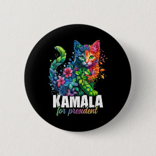 Bóton Redondo 5.08cm Kamala Harris Para Presidente Gato Fofo Floral Fem