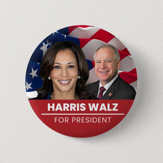 Bóton Redondo 5.08cm Kamala Harris Tim Walz 2024 (Frente)