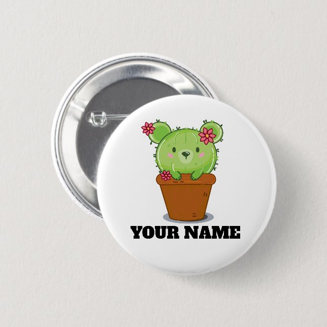 Bóton Redondo 5.08cm Kawaii Cactus Bear in Flower Pot Button Badge (Frente & Verso)