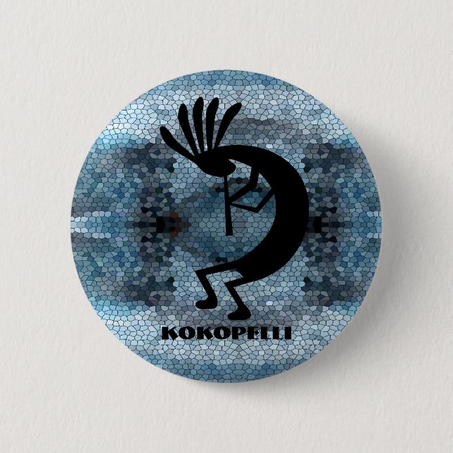 Bóton Redondo 5.08cm Kokopelli Southwest Desert Mosaico Azul (Frente)