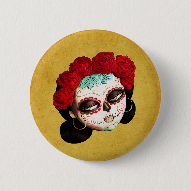 Bóton Redondo 5.08cm La Catrina - Diâmetro de Los Muertos Menina (Frente)
