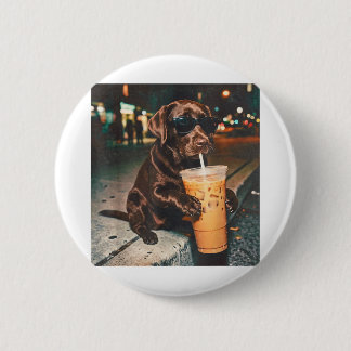 Bóton Redondo 5.08cm Labrador chocolate engraçado bebendo café gelado a