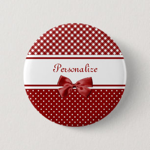 Bóton Redondo 5.08cm Laço de Gingham Vermelho Nome