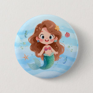 Bóton Redondo 5.08cm Linda Arte de Sereia em Aquarela Chibi Subaquática