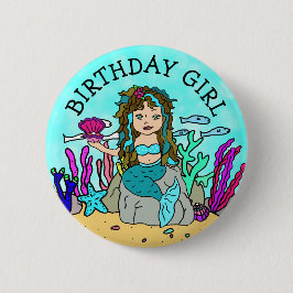 Bóton Redondo 5.08cm Linda Sereia Menina de Aniversário