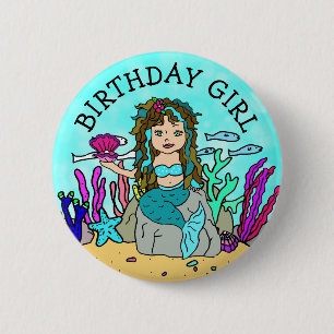 Bóton Redondo 5.08cm Linda Sereia Menina de Aniversário