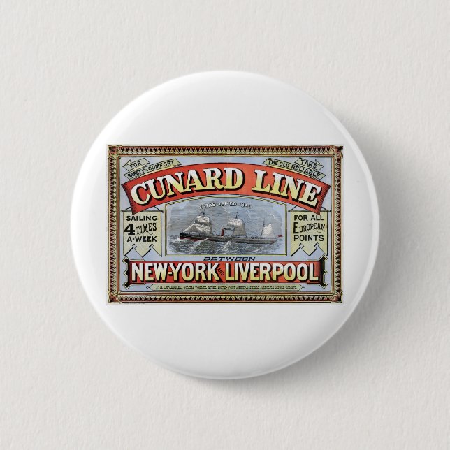 Bóton Redondo 5.08cm Linha poster de Cunard de New York Liverpool (Frente)